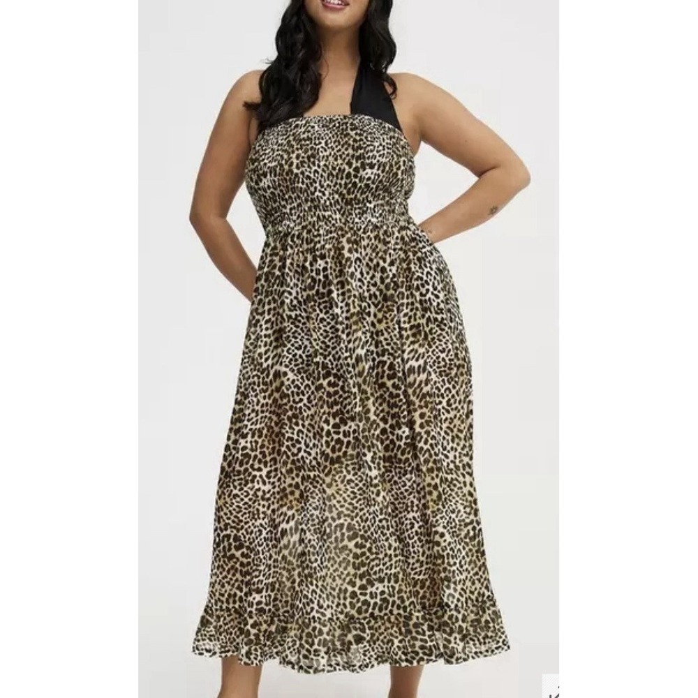 Y2K Cherry Krave Strapless Maxi Dress 1X Leopard Print Brown Beige Safari Beach